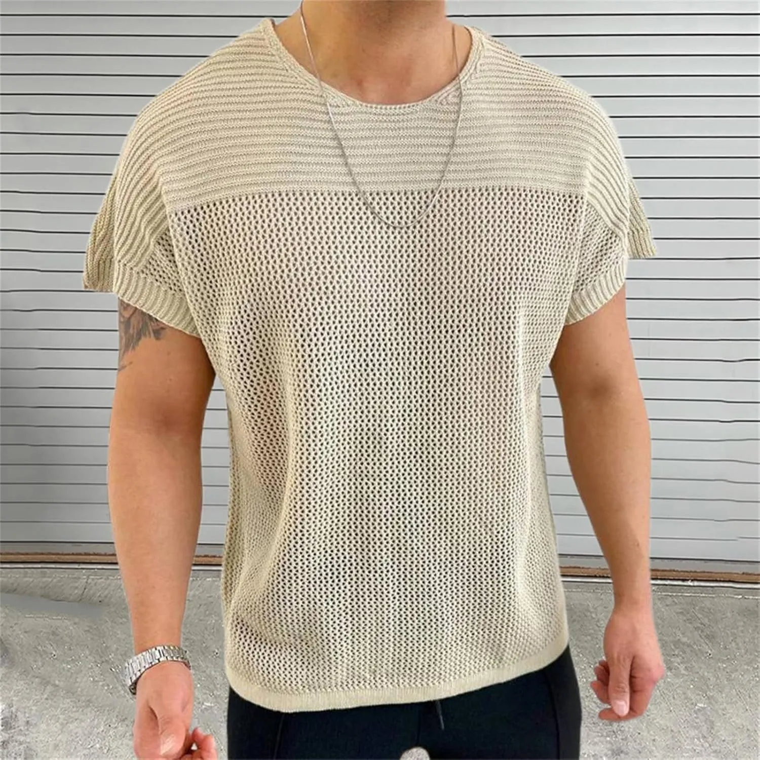 Men's Short Sleeve Pullover Shirts Crewneck Summer Casual Hollow Out Knit Tops Classic Lightweight Silm Fit Blouse