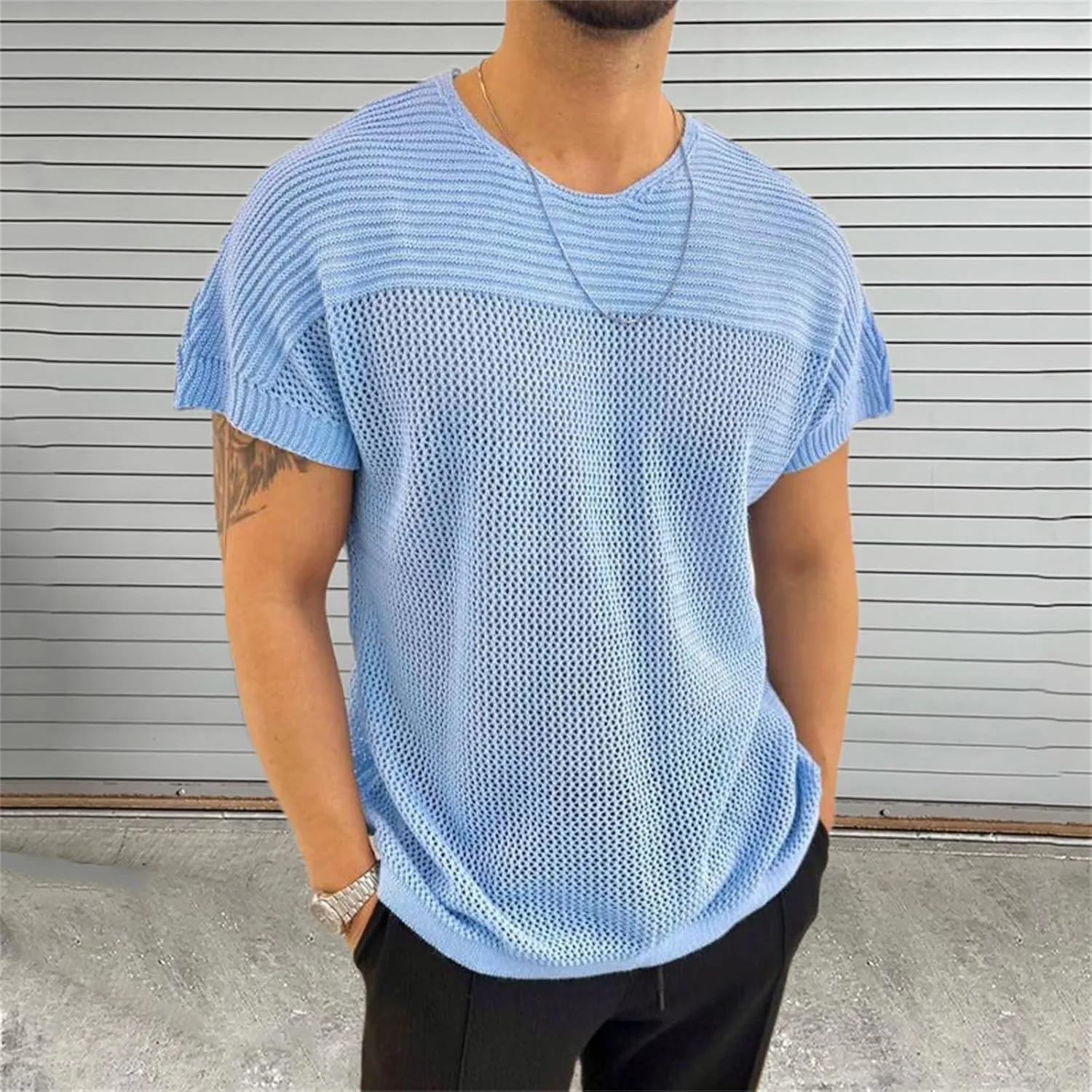Men's Short Sleeve Pullover Shirts Crewneck Summer Casual Hollow Out Knit Tops Classic Lightweight Silm Fit Blouse