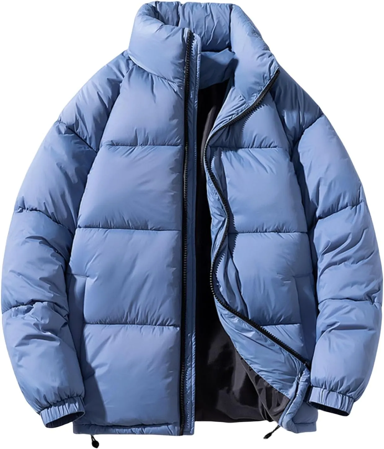 Men's Solid Casual Puffer Jackets Long Sleeve Stand Collar Zipper Thicken Down Parkas Coats Windbreaker Outwear