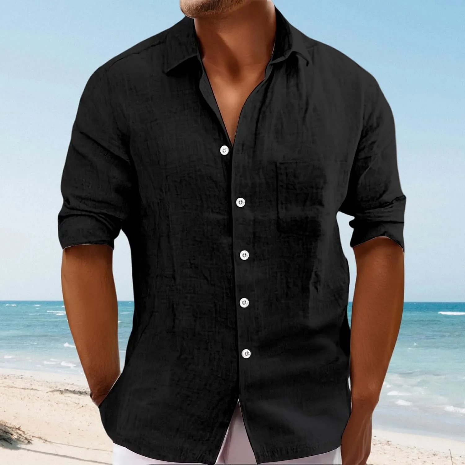 Mens Summer Linen T Shirts Casual Button Down Shirts Long Sleeve Collared Tees Beach Holiday Hawaiian Tops for Men