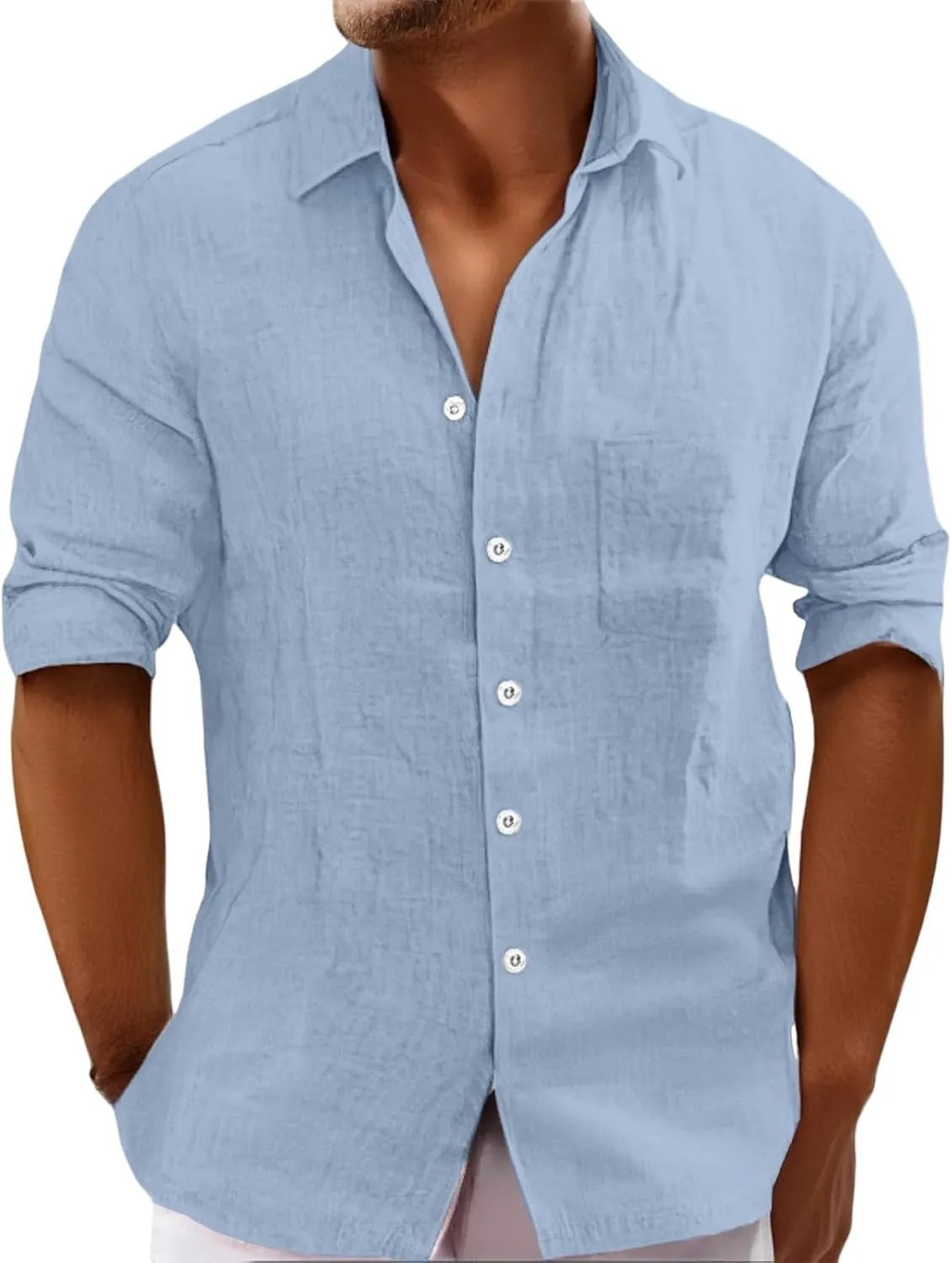 Mens Summer Linen T Shirts Casual Button Down Shirts Long Sleeve Collared Tees Beach Holiday Hawaiian Tops for Men