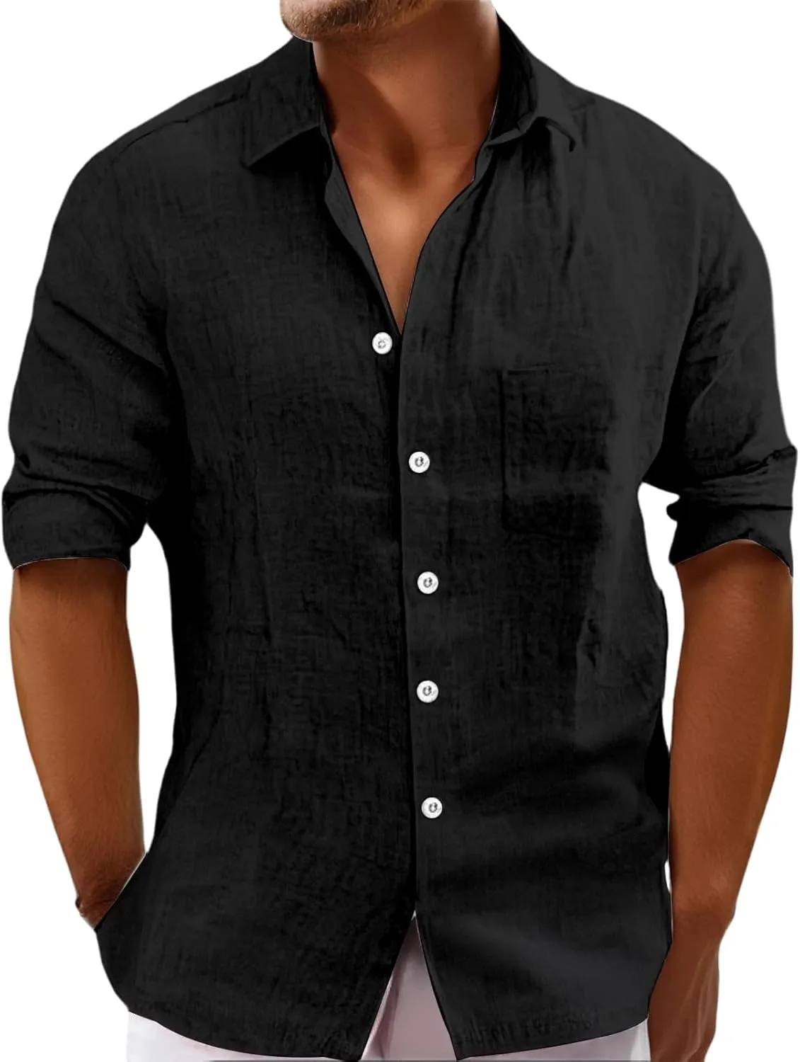 Mens Summer Linen T Shirts Casual Button Down Shirts Long Sleeve Collared Tees Beach Holiday Hawaiian Tops for Men