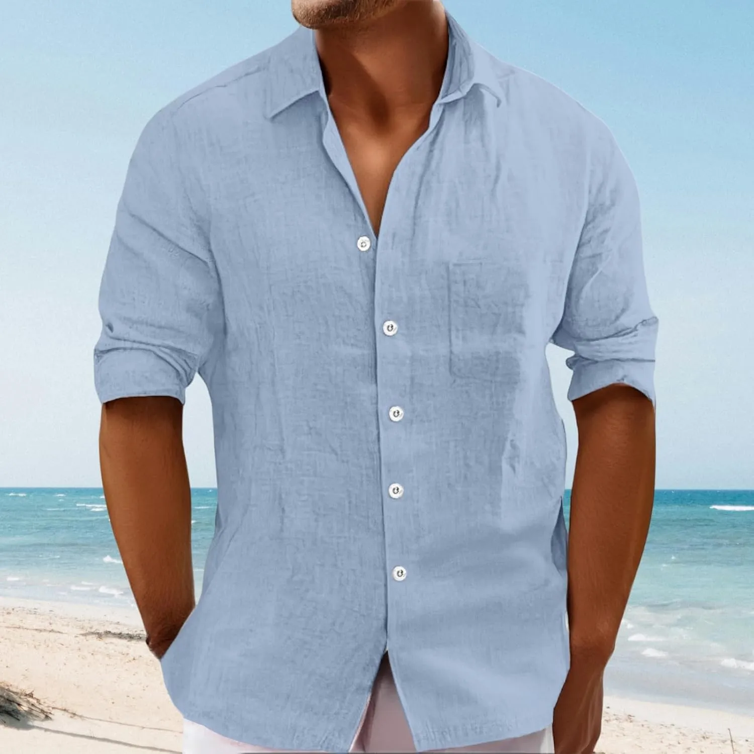 Mens Summer Linen T Shirts Casual Button Down Shirts Long Sleeve Collared Tees Beach Holiday Hawaiian Tops for Men