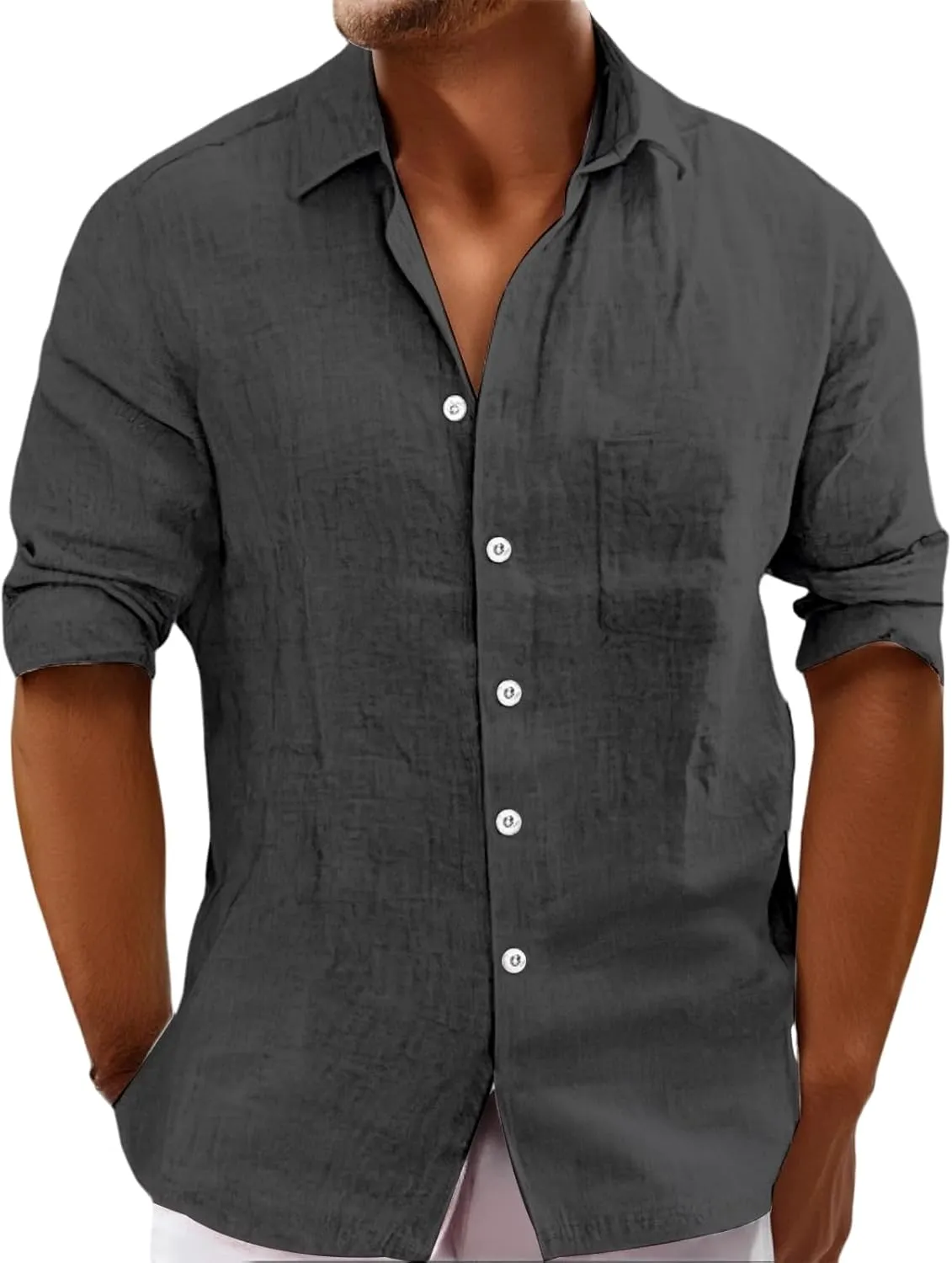 Mens Summer Linen T Shirts Casual Button Down Shirts Long Sleeve Collared Tees Beach Holiday Hawaiian Tops for Men