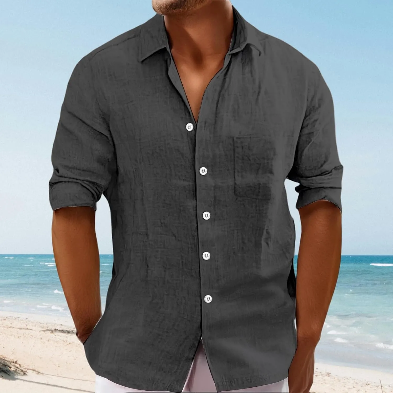 Mens Summer Linen T Shirts Casual Button Down Shirts Long Sleeve Collared Tees Beach Holiday Hawaiian Tops for Men