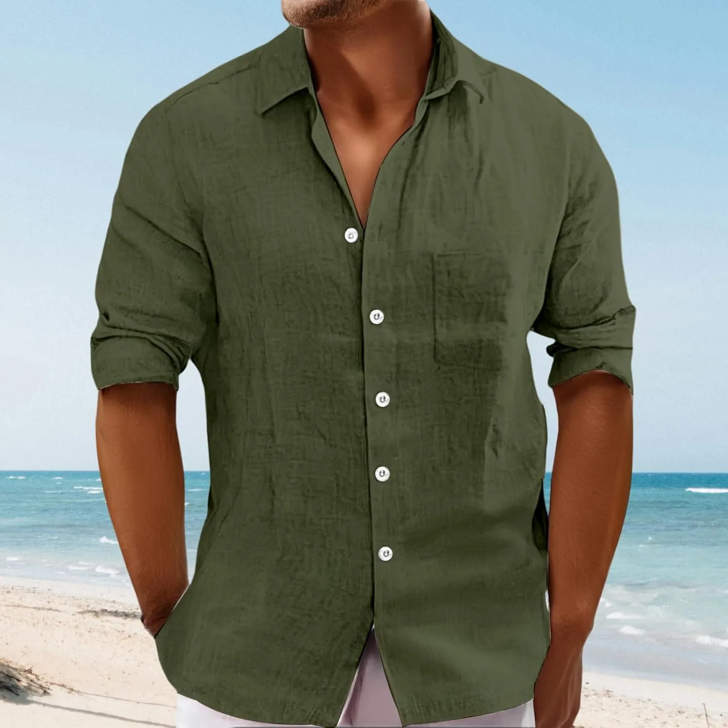 Mens Summer Linen T Shirts Casual Button Down Shirts Long Sleeve Collared Tees Beach Holiday Hawaiian Tops for Men