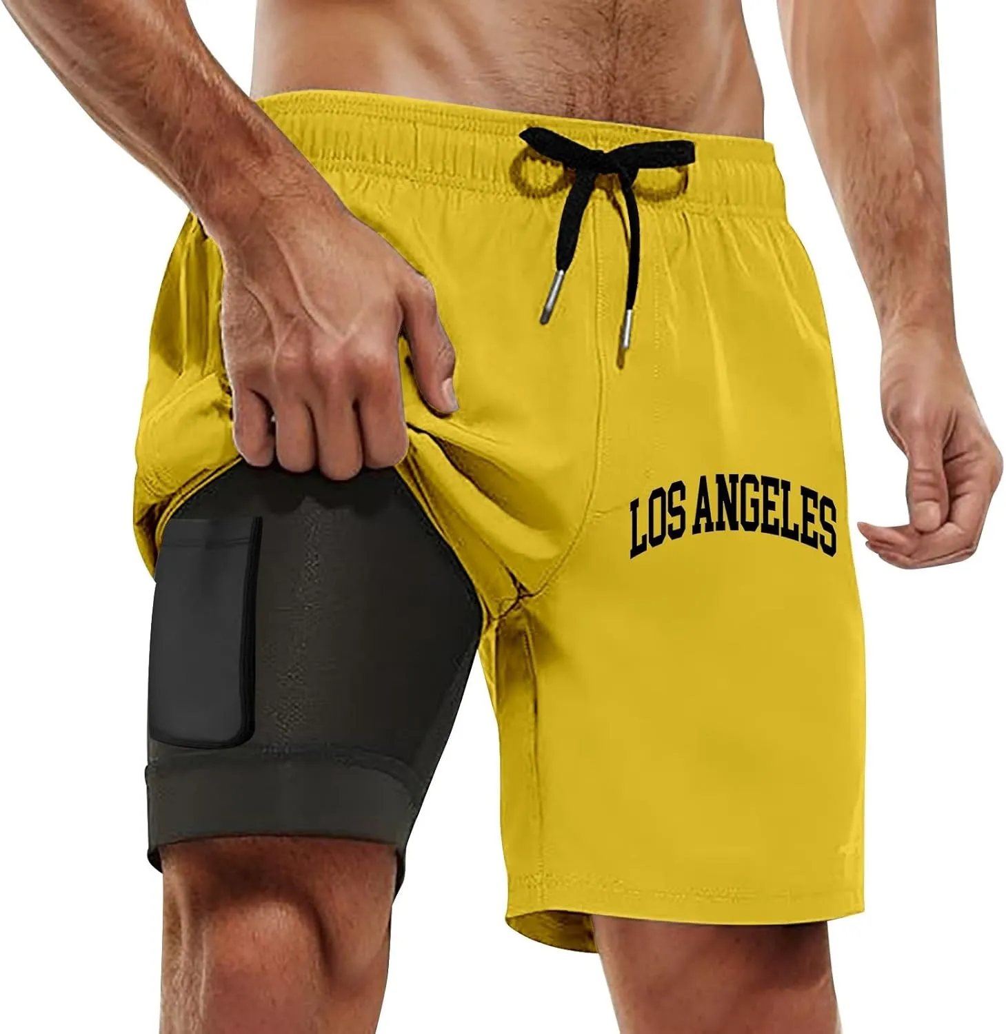 Mens Swim Trunks 7" Shorts with Compression Liner Quick Dry Swimming Plaid Grain Bathing Suit