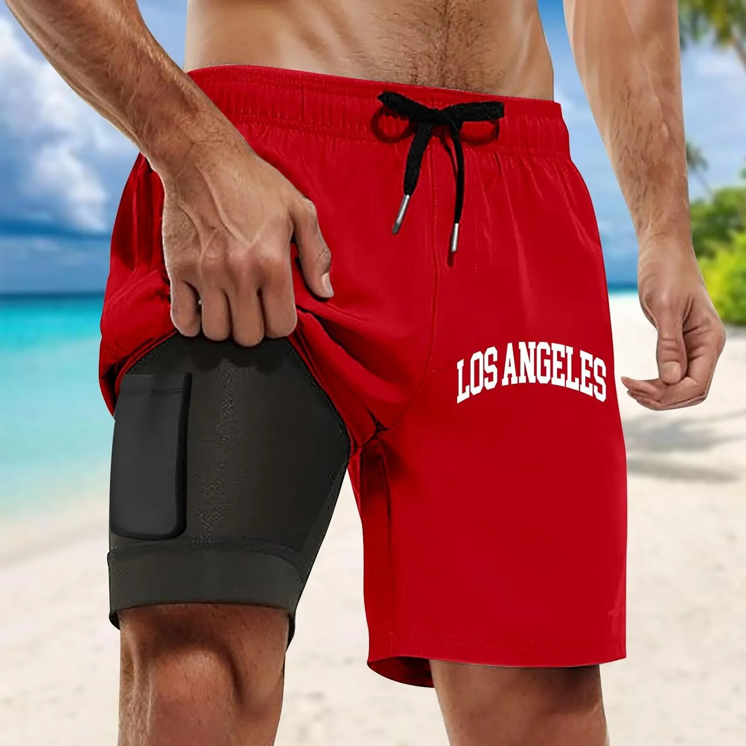 Mens Swim Trunks 7" Shorts with Compression Liner Quick Dry Swimming Plaid Grain Bathing Suit