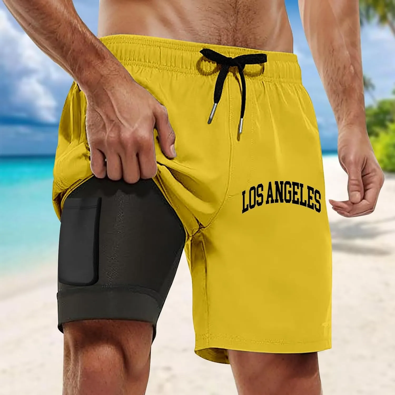 Mens Swim Trunks 7" Shorts with Compression Liner Quick Dry Swimming Plaid Grain Bathing Suit