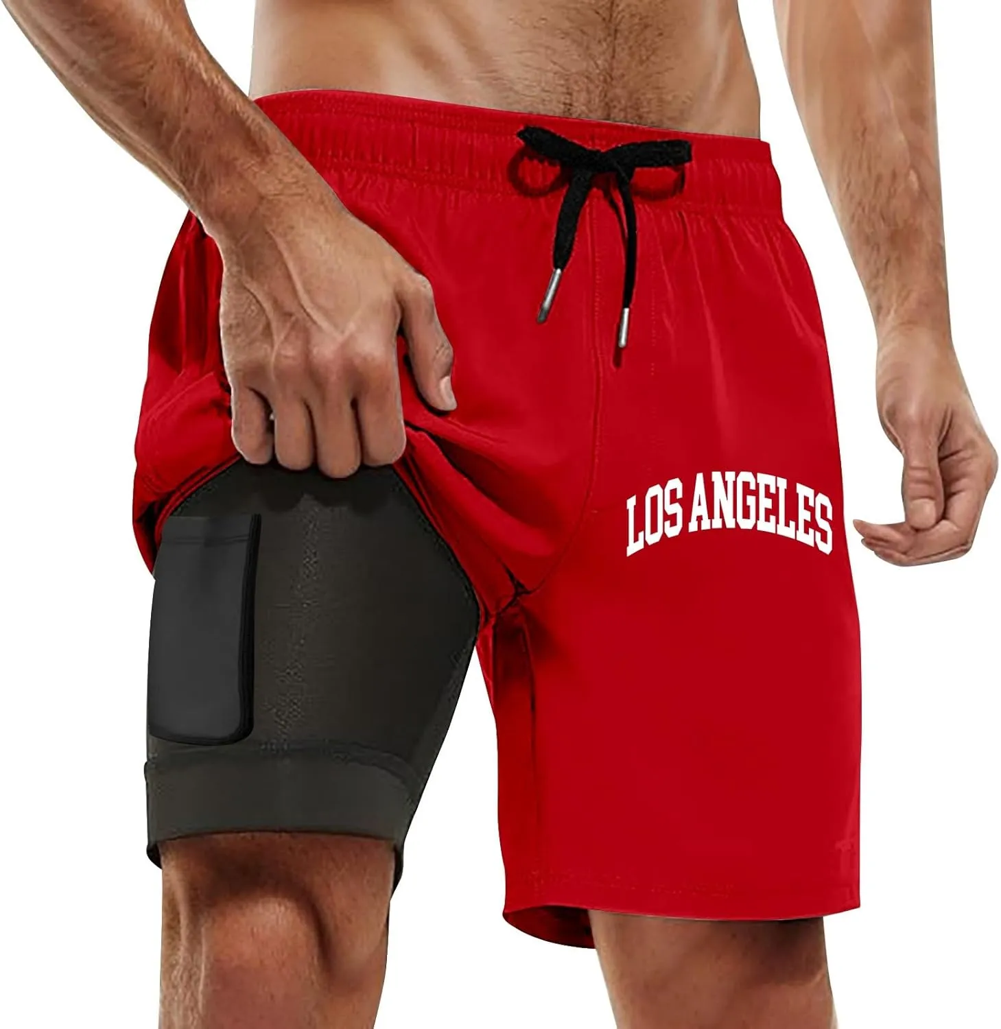 Mens Swim Trunks 7" Shorts with Compression Liner Quick Dry Swimming Plaid Grain Bathing Suit