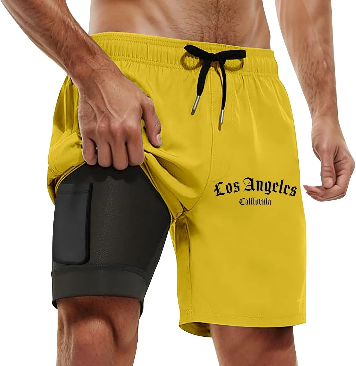 Mens Swim Trunks with Compression Liner 2 in 1 Board Shorts 9 Inch Quick Dry Swimming Trunks with Pockets