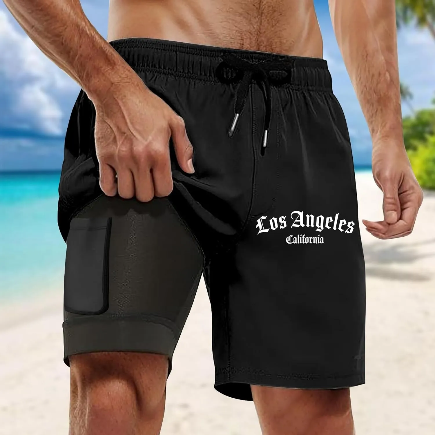 Mens Swim Trunks with Compression Liner 2 in 1 Board Shorts 9 Inch Quick Dry Swimming Trunks with Pockets