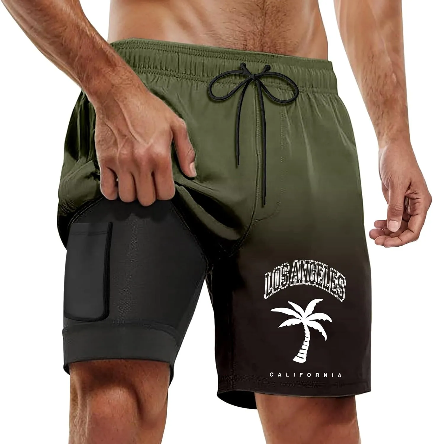 Mens Swim Trunks with Compression Liner 5 Inch Inseam Quick Dry Board Shorts with Zipper Pockets Swimming Shorts