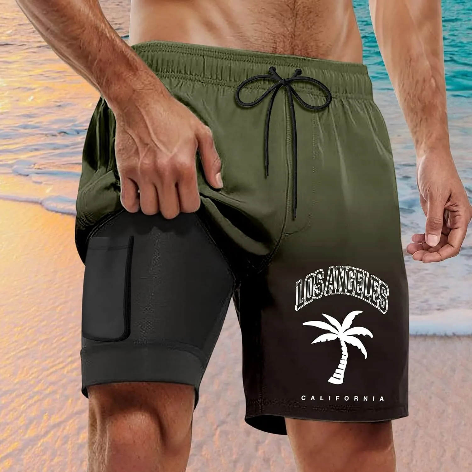 Mens Swim Trunks with Compression Liner 5 Inch Inseam Quick Dry Board Shorts with Zipper Pockets Swimming Shorts