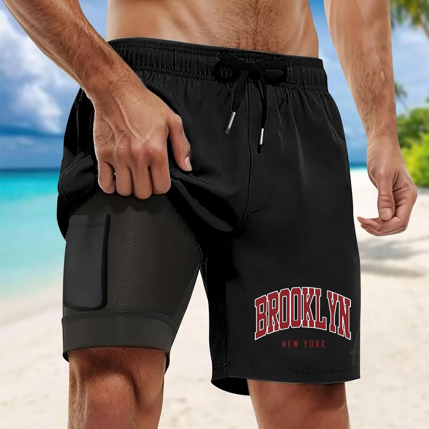 Men's Swim Trunks with Compression Liner 9" Quick Dry Broad Beach Shorts Stretch Bathing Suits Swimwear