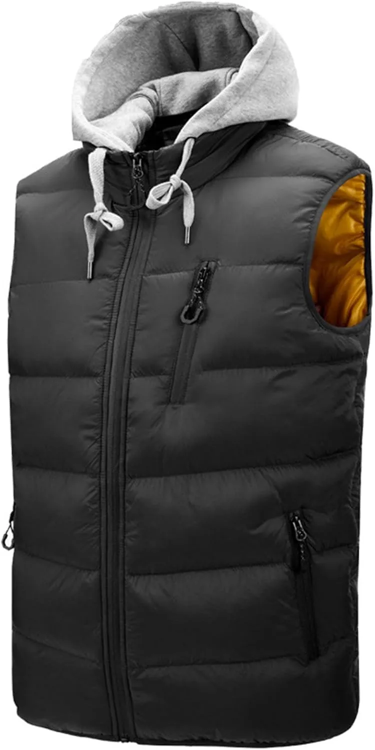 Men's Thicken Winter Warm Vest Sleeveless Padded Puffer Jacket Lightweight Windproof Hooded Vest with Removable Hood