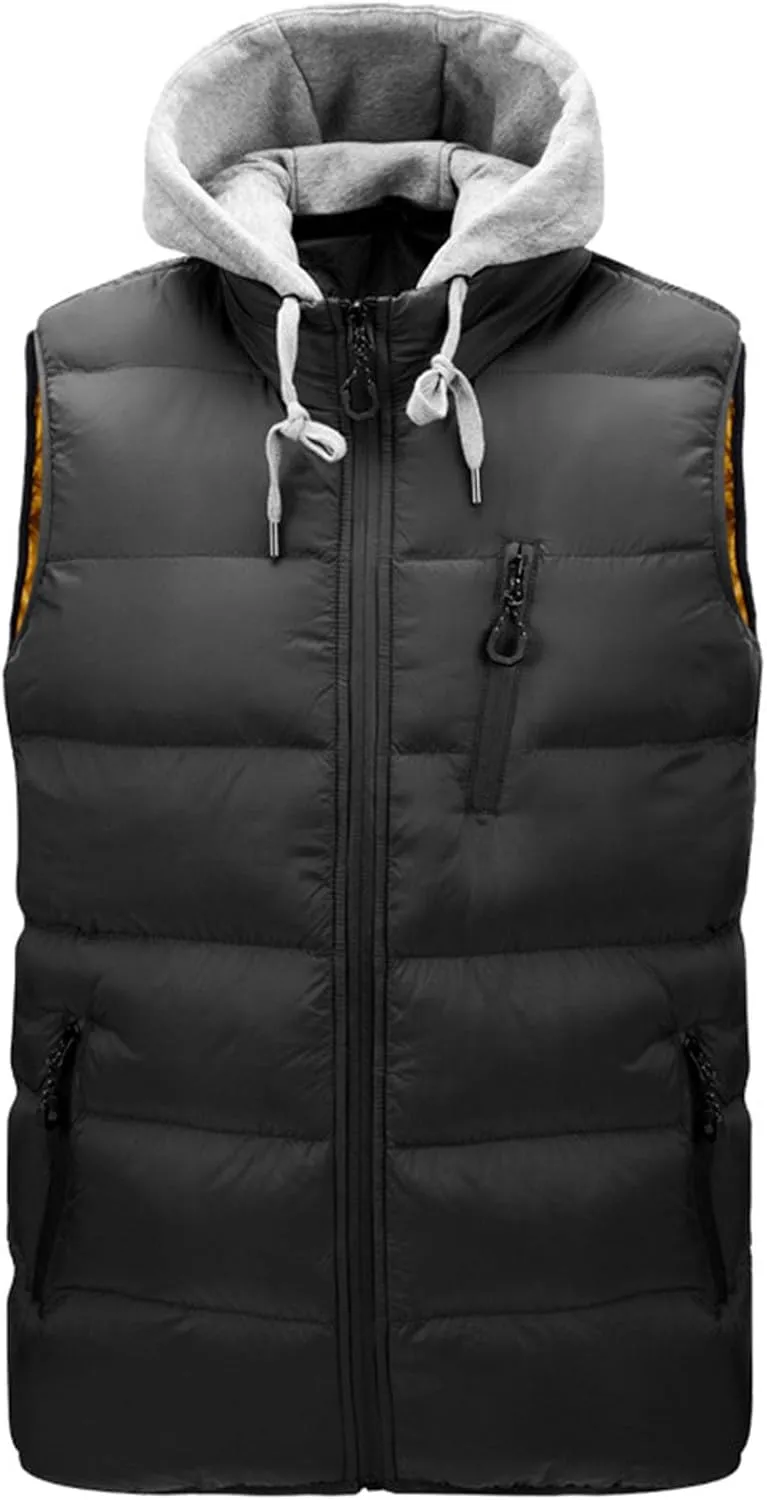 Men's Thicken Winter Warm Vest Sleeveless Padded Puffer Jacket Lightweight Windproof Hooded Vest with Removable Hood