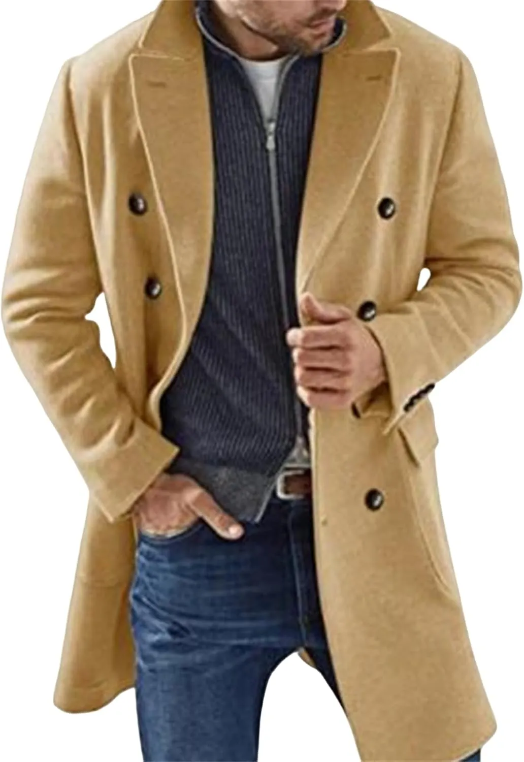 Men's Trench Coats Winter Classic Notch Lapel Jackets Double Breasted Mid Long Trench Casual Wool Blend Peacoat
