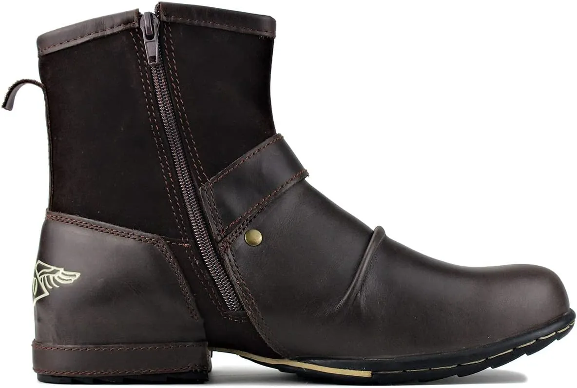 Men's Vintage Mid-calf Boots, Motorcycle Boots with Double Buckle Straps and Side Zippers - Casual Round Toe, Suitable for All Seasons