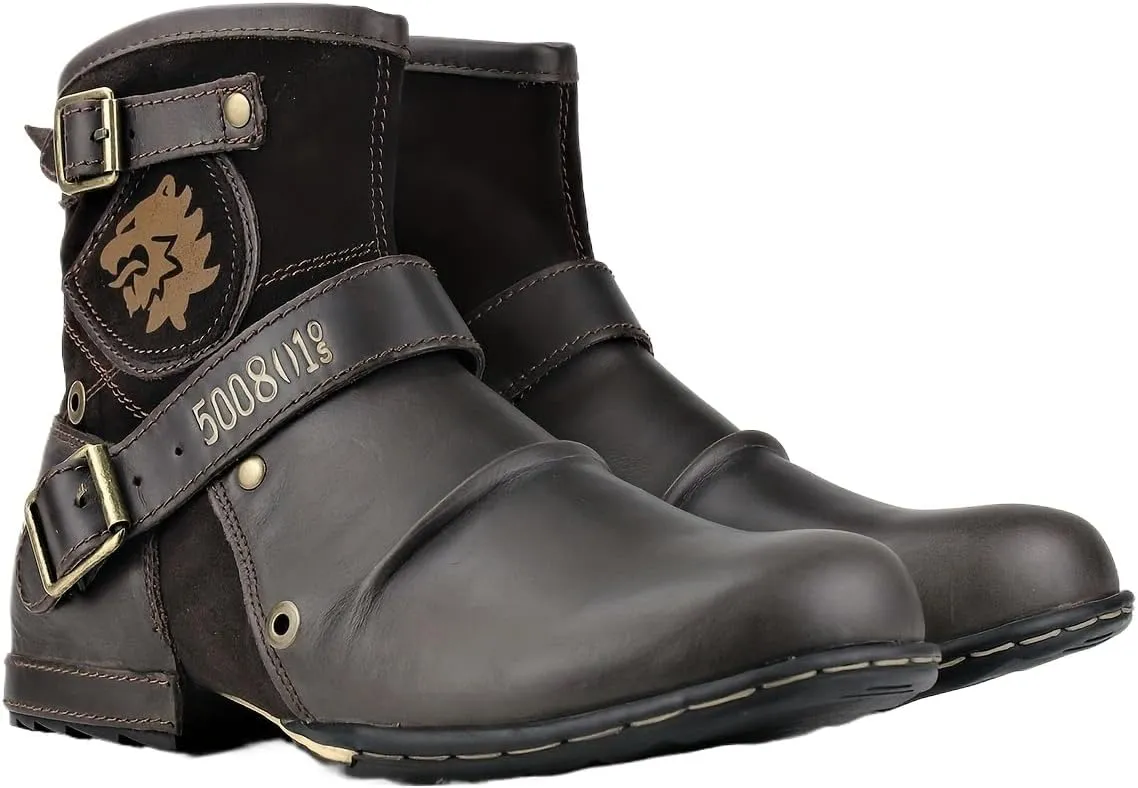 Men's Vintage Mid-calf Boots, Motorcycle Boots with Double Buckle Straps and Side Zippers - Casual Round Toe, Suitable for All Seasons
