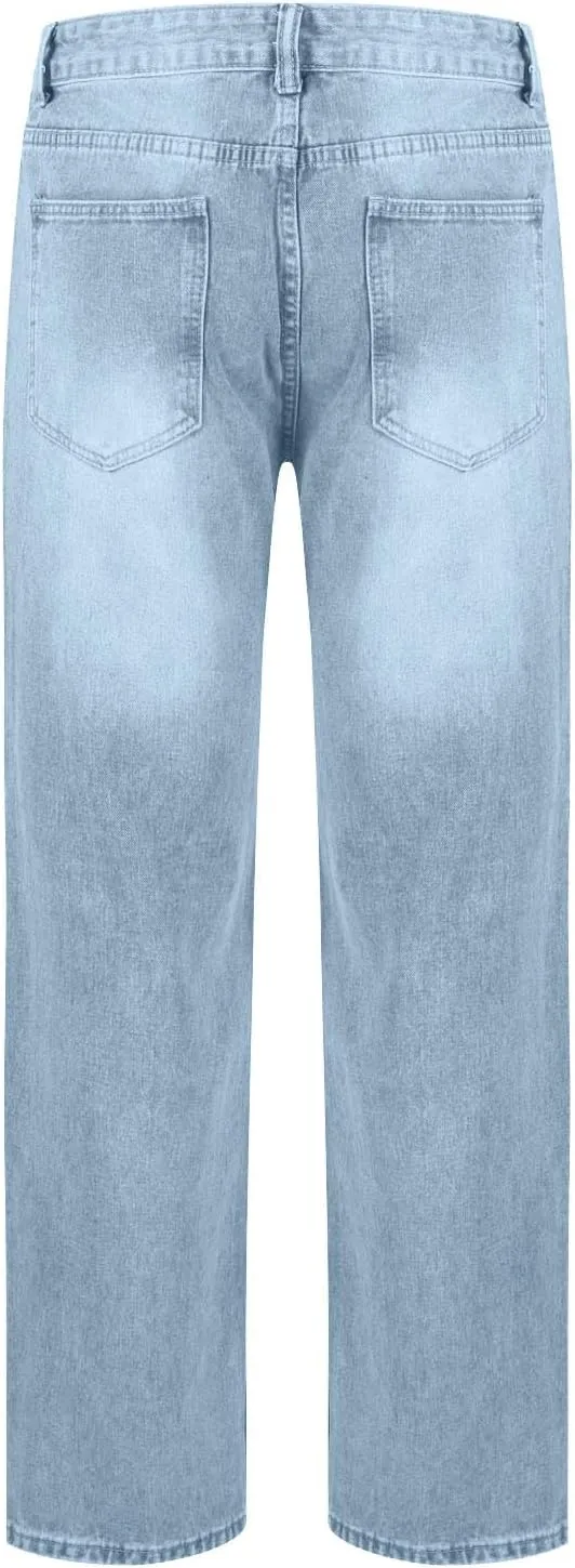 Men's Washed Denim Pants Casual Low Rise Jeans Traight Leg Jeans Pant Classy Work Pants Comfortable Loose Trousers