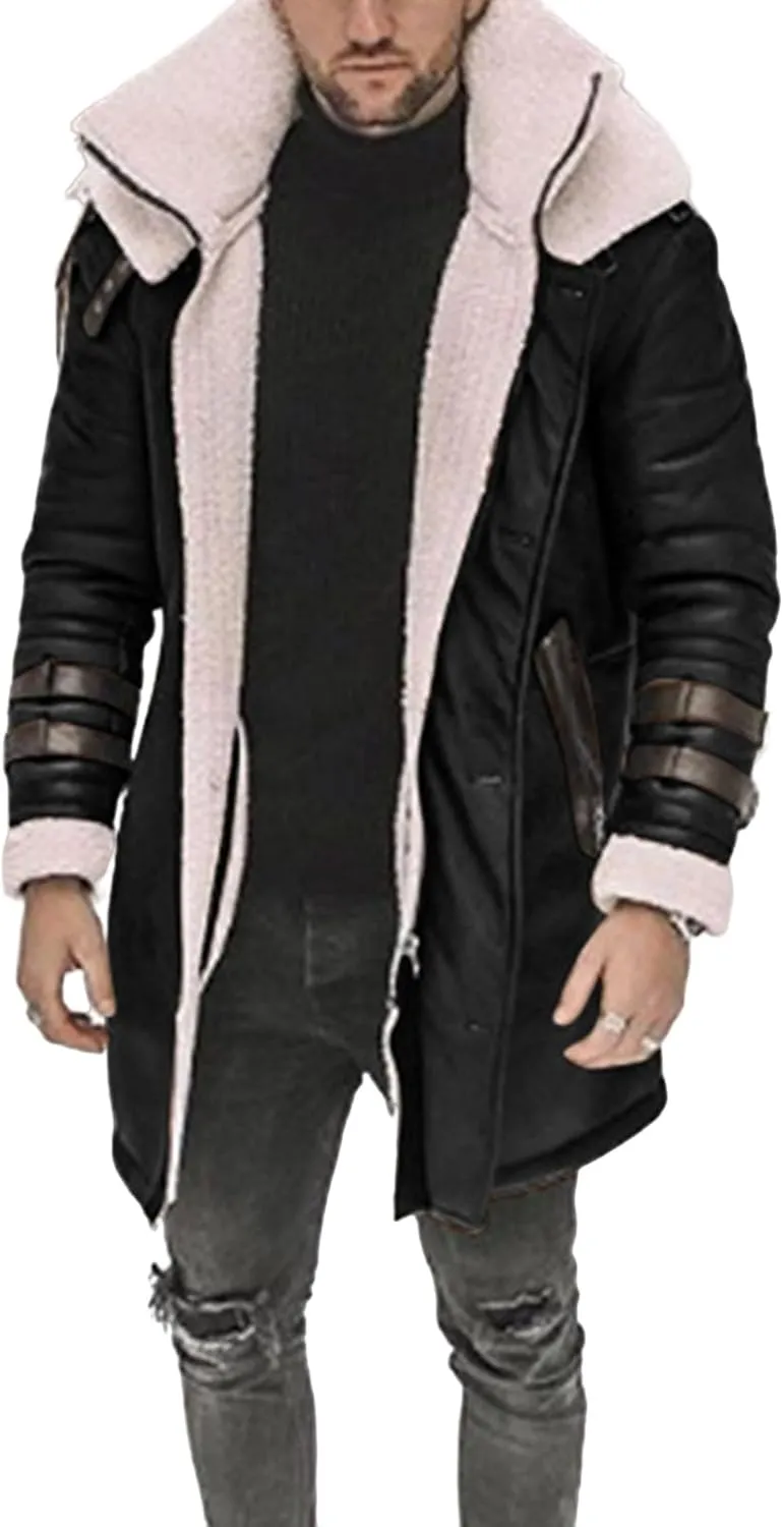 Mens Winter Faux Fur Coat Faux PU Leather Long Jacket Fleece Sherpa Lined Warm Trench Coats Suede Windbreaker Overcoat
