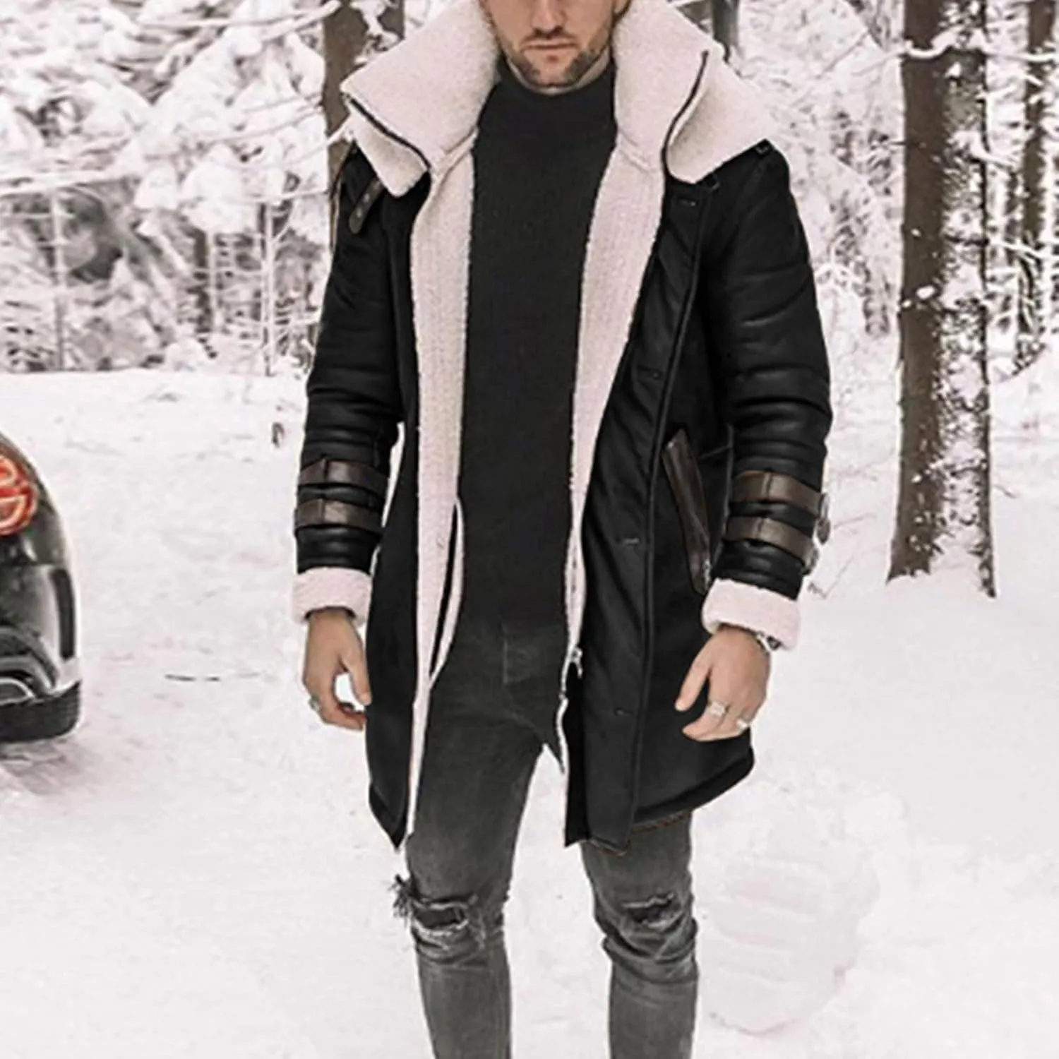 Mens Winter Faux Fur Coat Faux PU Leather Long Jacket Fleece Sherpa Lined Warm Trench Coats Suede Windbreaker Overcoat