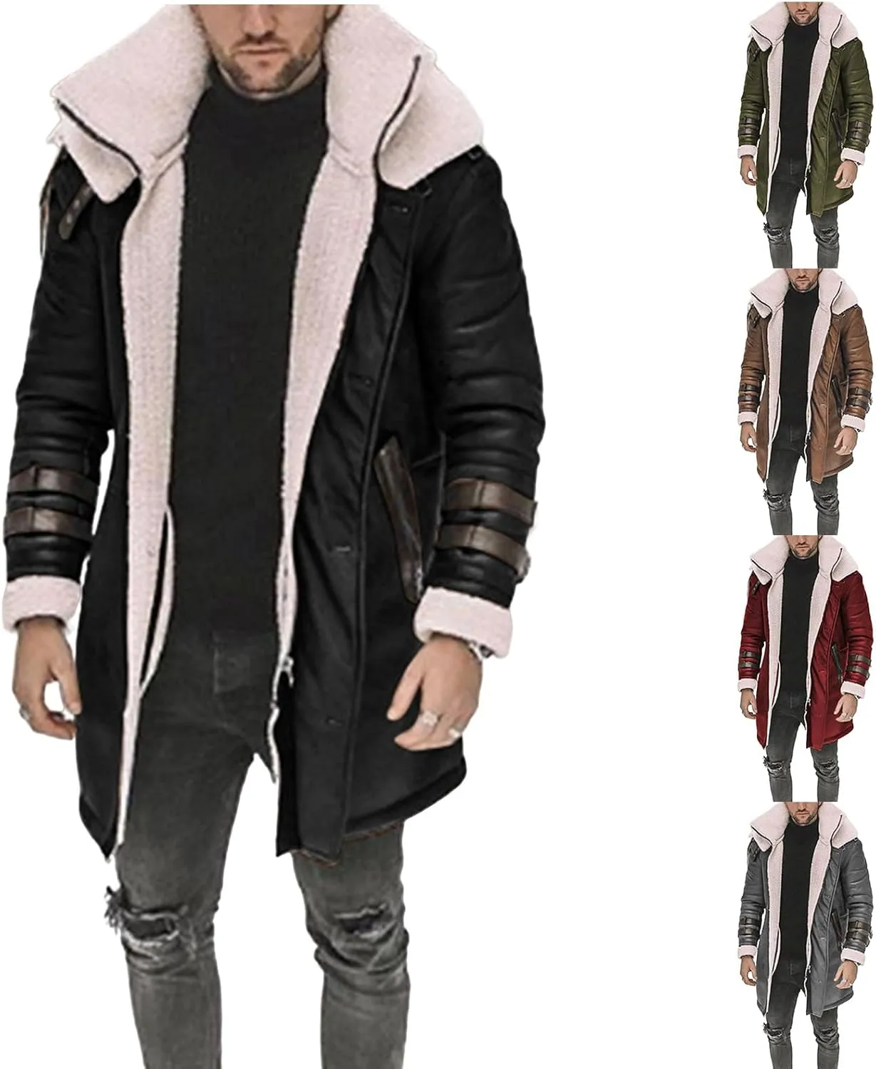 Mens Winter Faux Fur Coat Faux PU Leather Long Jacket Fleece Sherpa Lined Warm Trench Coats Suede Windbreaker Overcoat