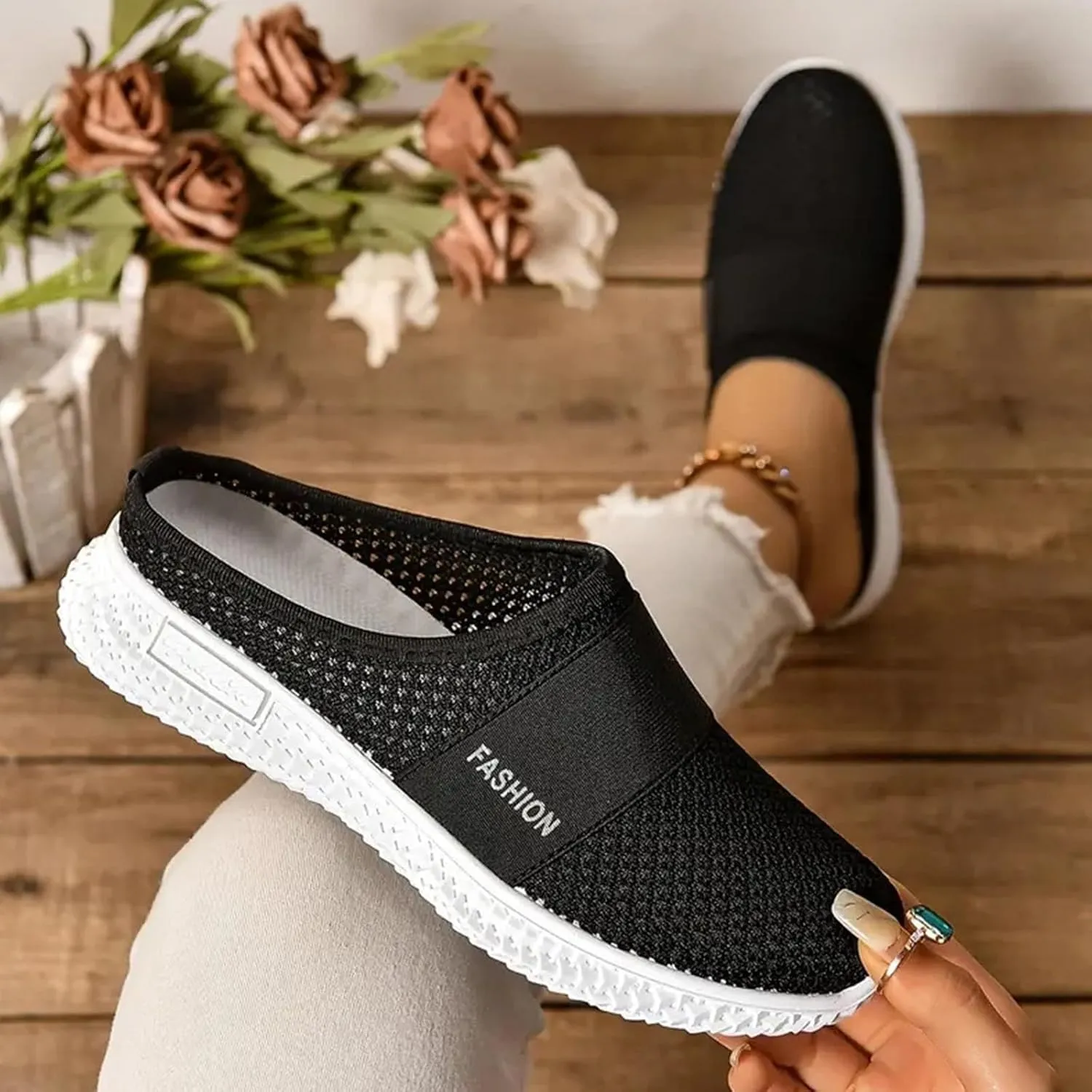 Mules for Women Summer Slip On Backless Breathable Shoes Air Cushion Platform Mesh Sandals Lightweight Beach Walking Shoes Arch Support Beach Slipper Wide Width Clogs