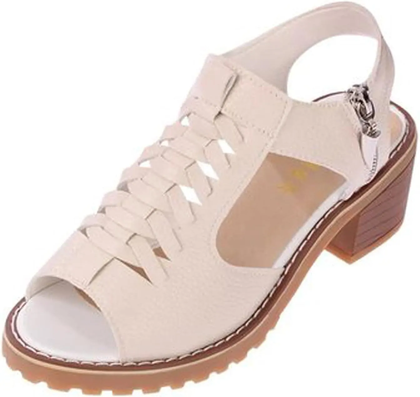 oiangi Chunky Sandals for Women Casual Summer Fish Mouth Open Toe Side Zip Thick Heel High Heels Women's Solid Color Comfortable Stacked Heel Shoes
