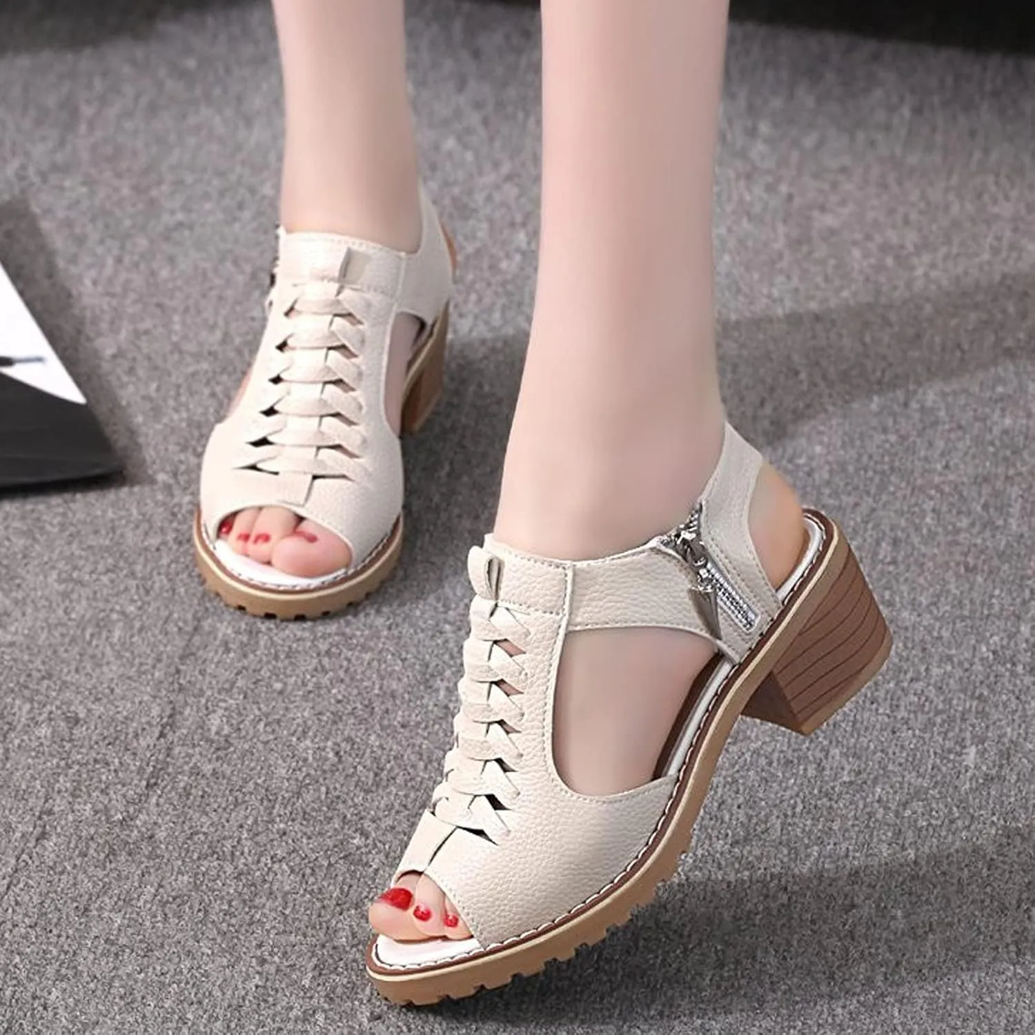 oiangi Chunky Sandals for Women Casual Summer Fish Mouth Open Toe Side Zip Thick Heel High Heels Women's Solid Color Comfortable Stacked Heel Shoes