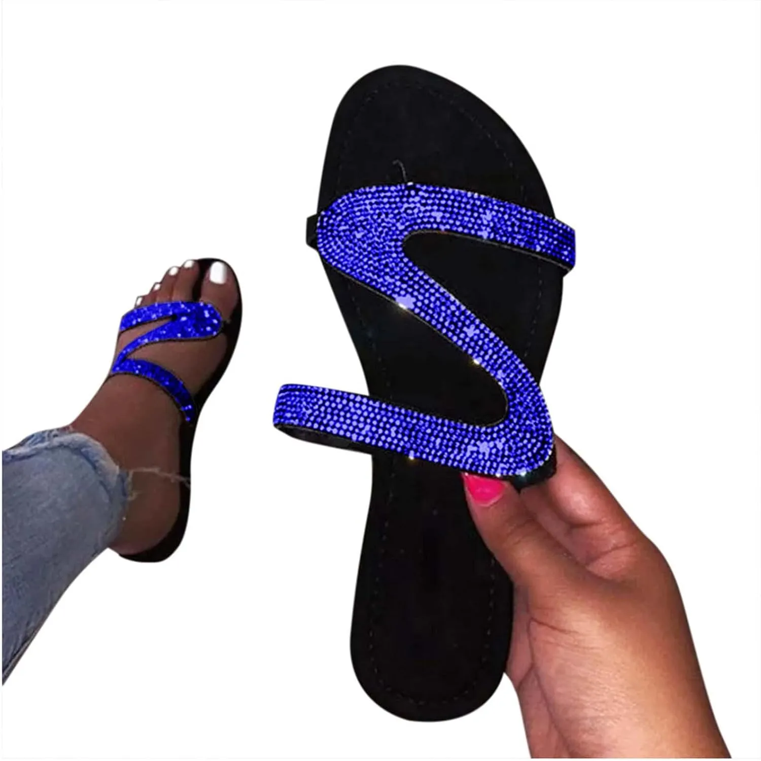 oiangi Sparkly Rhinestones Sandals for Women Summer Casual Z-Straps Clip Toe Flip Flops Slip On Flats Slipper Lightweight Comfy Ladies Shoes Sandalias