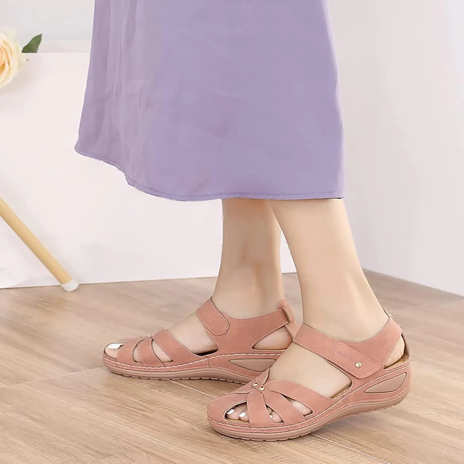 oiangi Summer Casual Sandals for Women Comfort Wedge Closed Toe Hollow Studded Hook and Loop Soft Soled Sandals Lightweight Breathable Outdoor Shoes