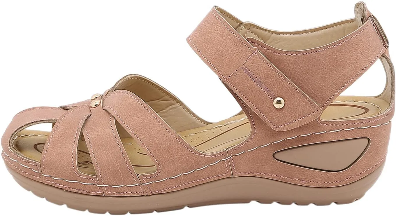 oiangi Summer Casual Sandals for Women Comfort Wedge Closed Toe Hollow Studded Hook and Loop Soft Soled Sandals Lightweight Breathable Outdoor Shoes