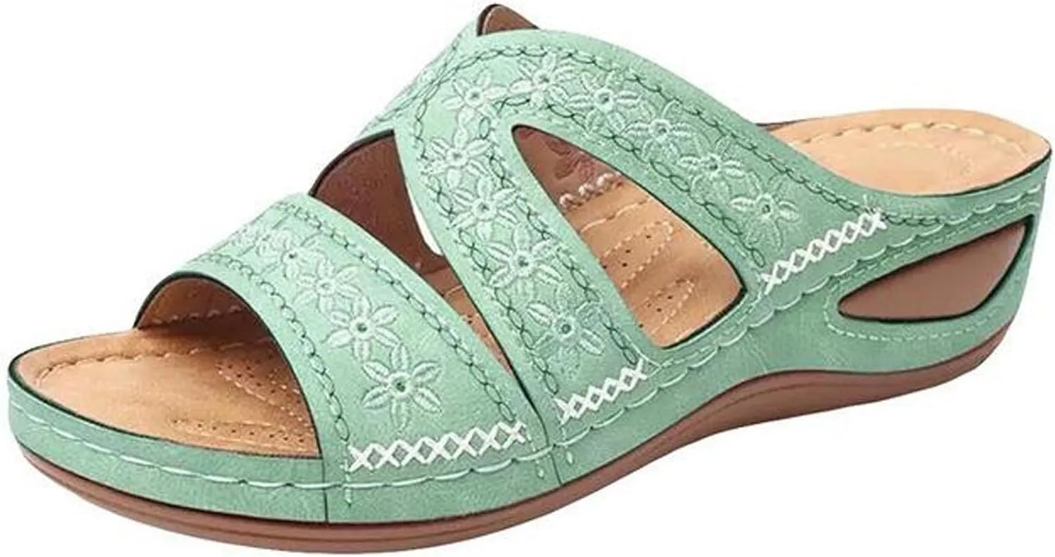 oiangi Wedge Sandals for Women with Arch Support Summer Casual Slip On Fish Mouth Open Toe Platform Slippers Flowers Hollow Quilted Slides Beach Shoes Flip Flops