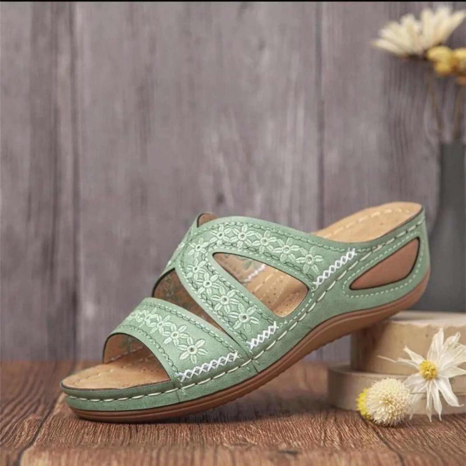 oiangi Wedge Sandals for Women with Arch Support Summer Casual Slip On Fish Mouth Open Toe Platform Slippers Flowers Hollow Quilted Slides Beach Shoes Flip Flops