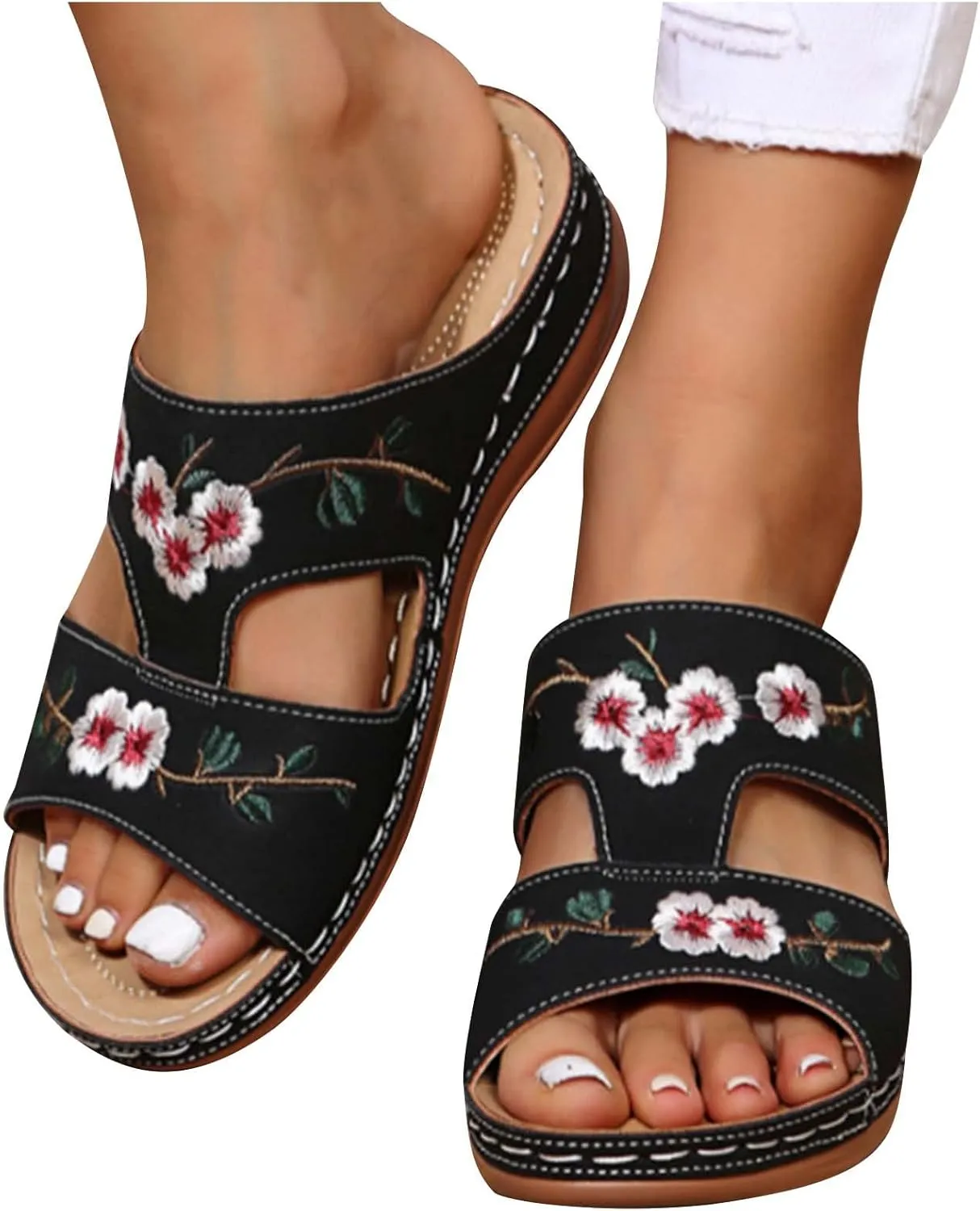 oiangi Womens Sandals Flower Embroidered Wedge Slipper Casual Summer Fish Mouth Open Toe Hollow Out Slip-on Slides Lightweight Comfortable Outdoor Shoes