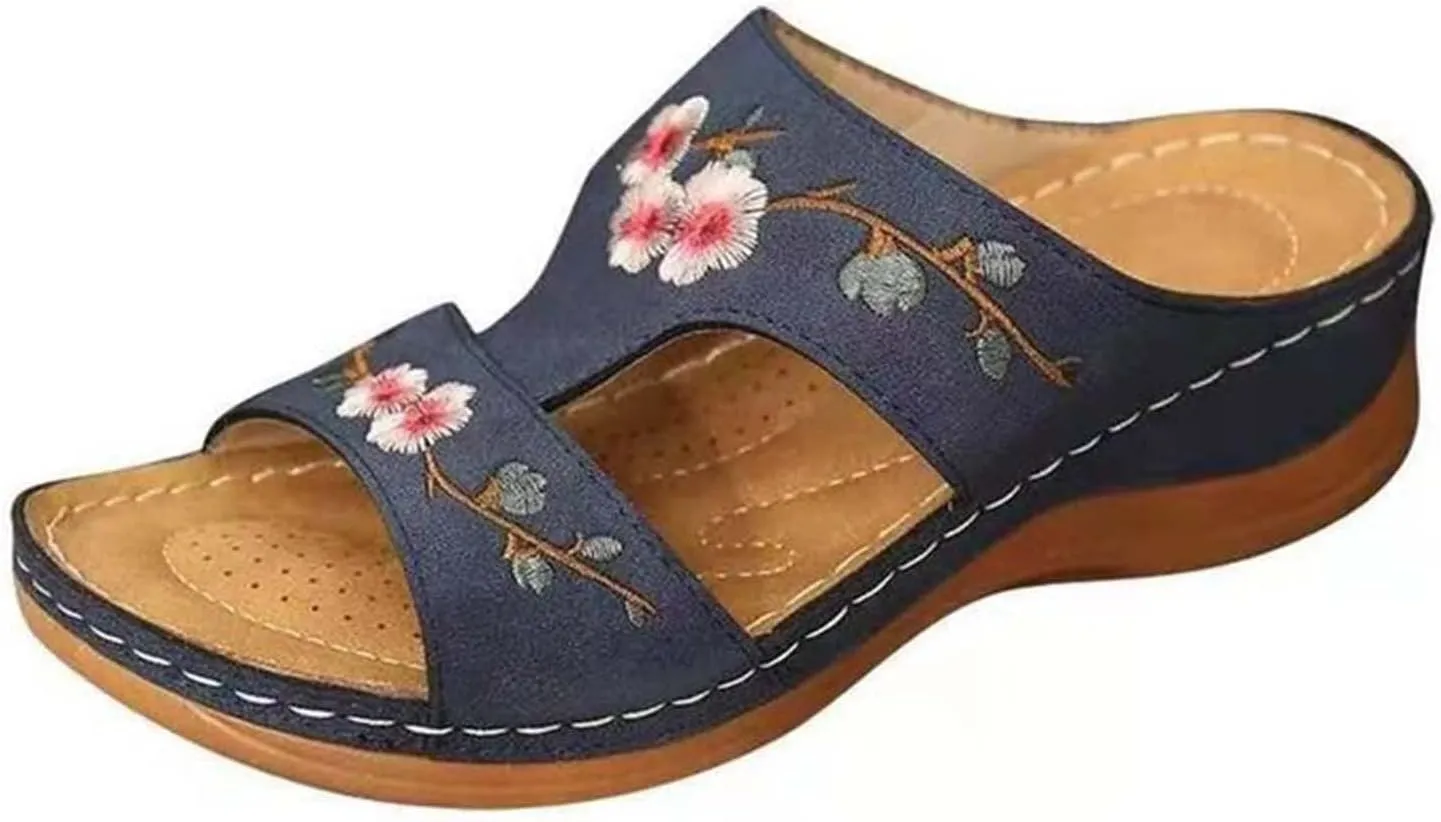 oiangi Womens Sandals Flower Embroidered Wedge Slipper Casual Summer Fish Mouth Open Toe Hollow Out Slip-on Slides Lightweight Comfortable Outdoor Shoes