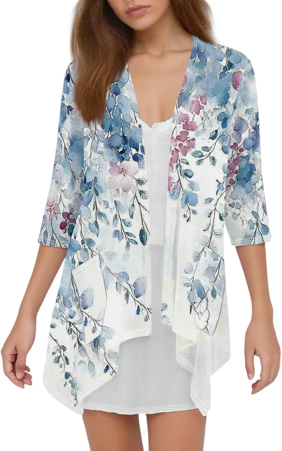 Open Front Cardigans for Women Kimono Draped Ruffles Cardigans Fashion 3/4 Sleeve Cover Ups 3/4 Sleeve Summer Tshirts