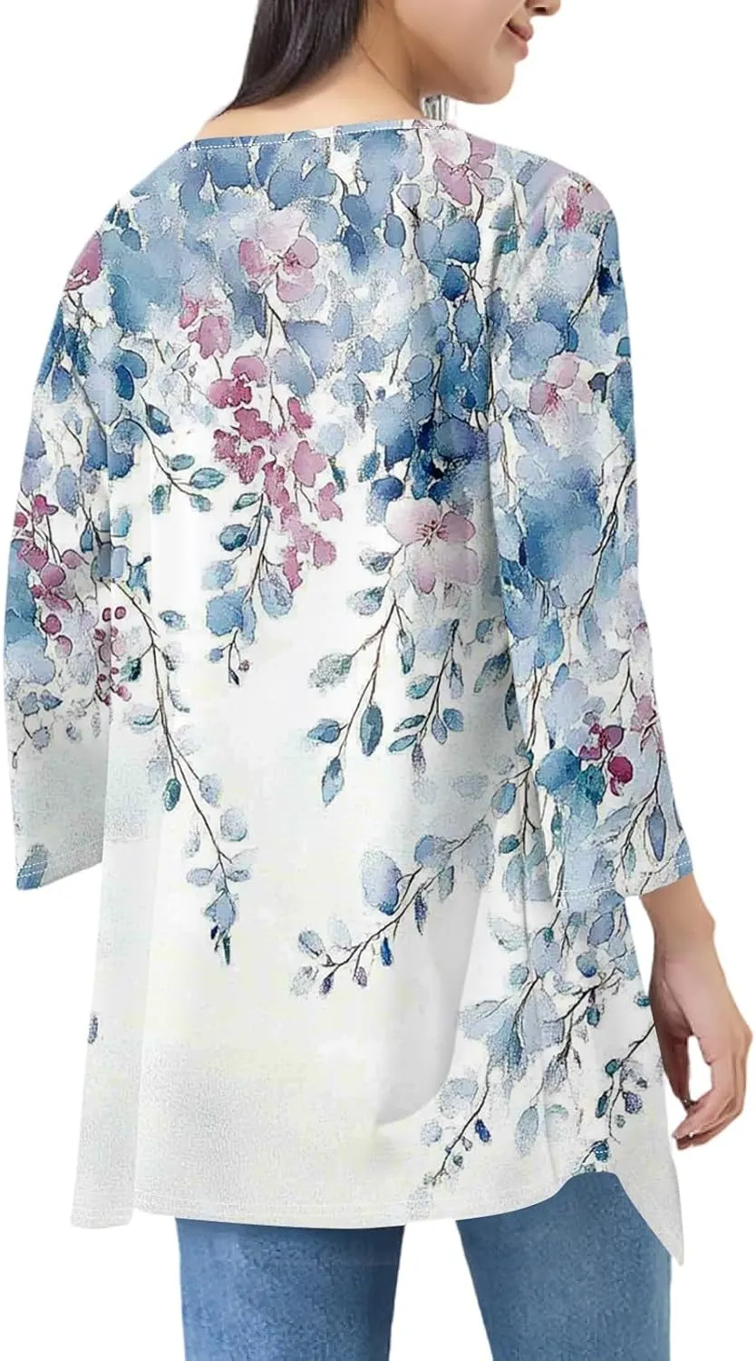 Open Front Cardigans for Women Kimono Draped Ruffles Cardigans Fashion 3/4 Sleeve Cover Ups 3/4 Sleeve Summer Tshirts