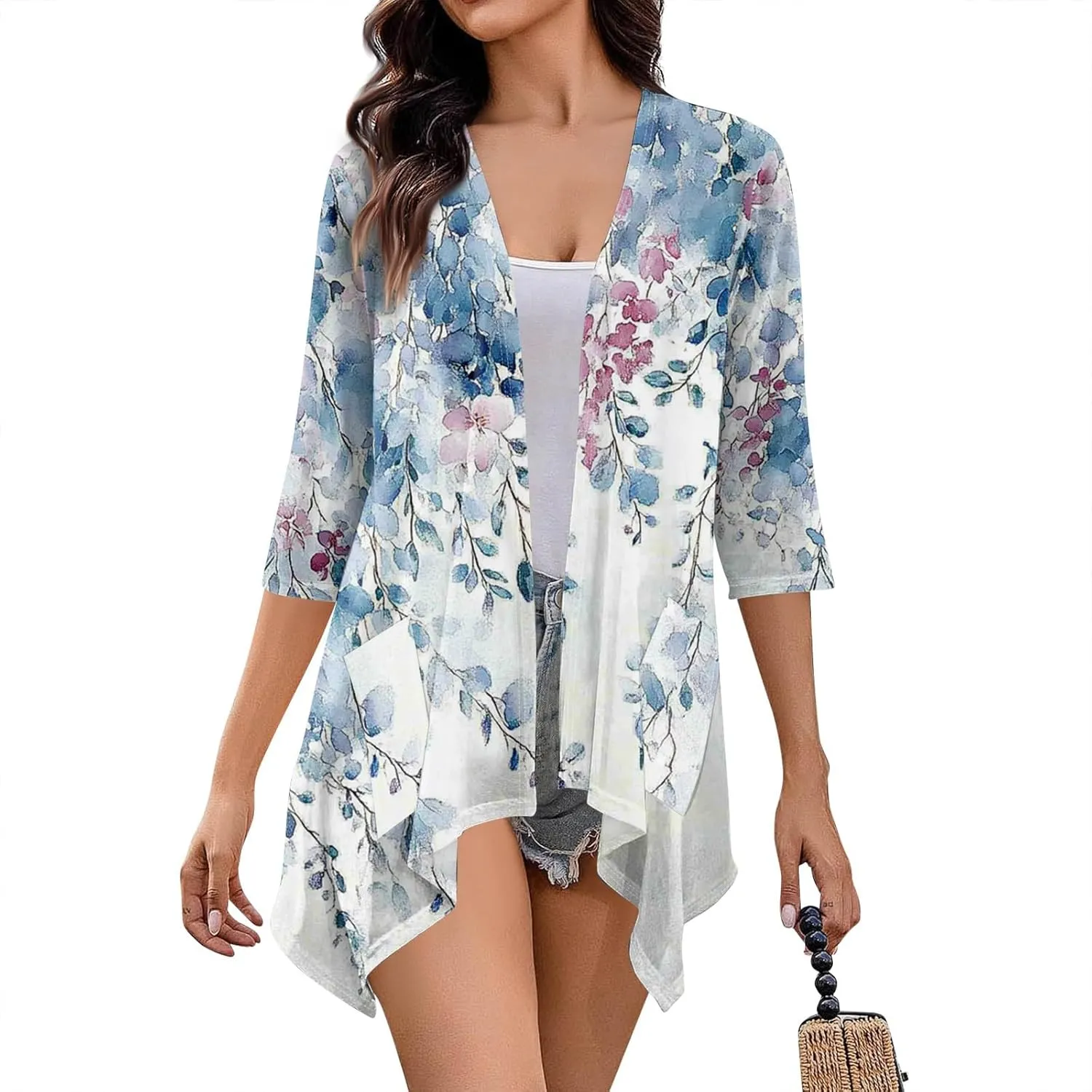 Open Front Cardigans for Women Kimono Draped Ruffles Cardigans Fashion 3/4 Sleeve Cover Ups 3/4 Sleeve Summer Tshirts