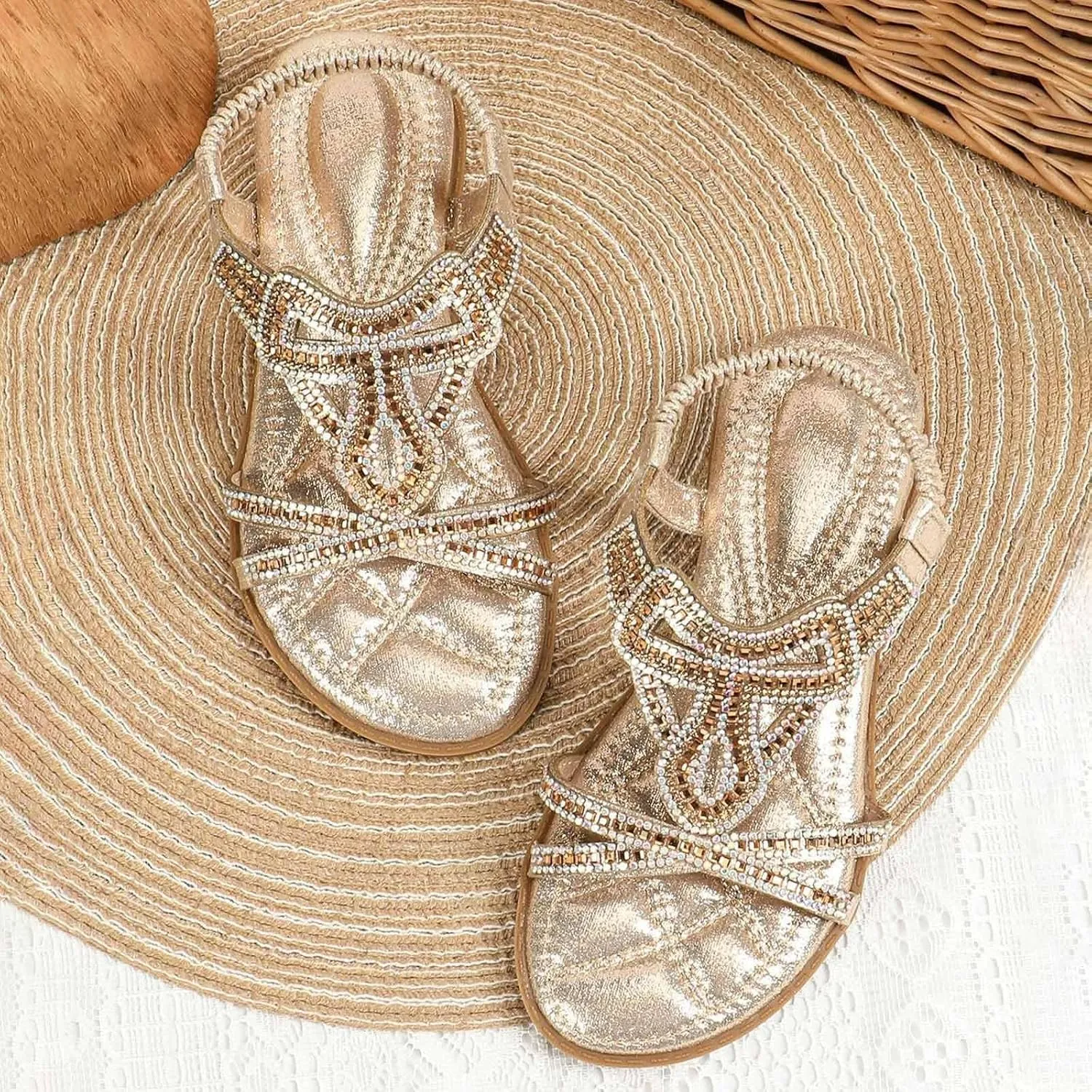 Open Toe Sandals Girls Glitter Beach Shoes Shoes Flat Summer Glitter Boho Comfortable Sandals With Rhinestones