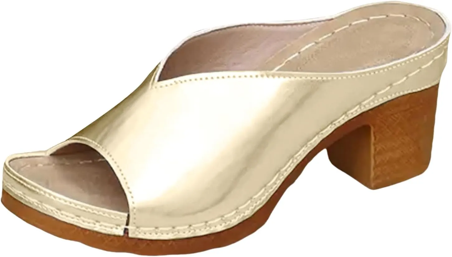 Orthopedic Sandals for Women Open Toe Non Slip Heeled Sandals Comfortable Beach Slippers Casual Summer Mules Shoes Soft Leather Block Chunky Mid Heels Sandal
