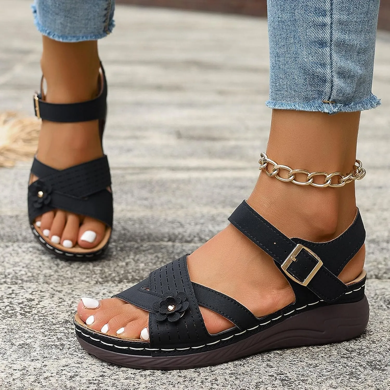 Orthopedic Wide Sandals for Women Arch Support Wedge Sandals Summer Walking Shoes Dressy Open Toe Ankle Strap Casual Sandal Low Heel Slip on Shoe Going Out Beach Shoes