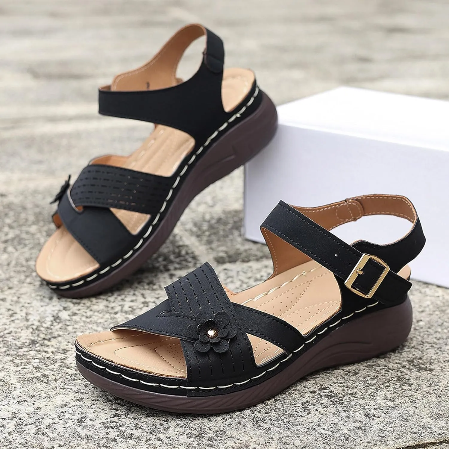 Orthopedic Wide Sandals for Women Arch Support Wedge Sandals Summer Walking Shoes Dressy Open Toe Ankle Strap Casual Sandal Low Heel Slip on Shoe Going Out Beach Shoes