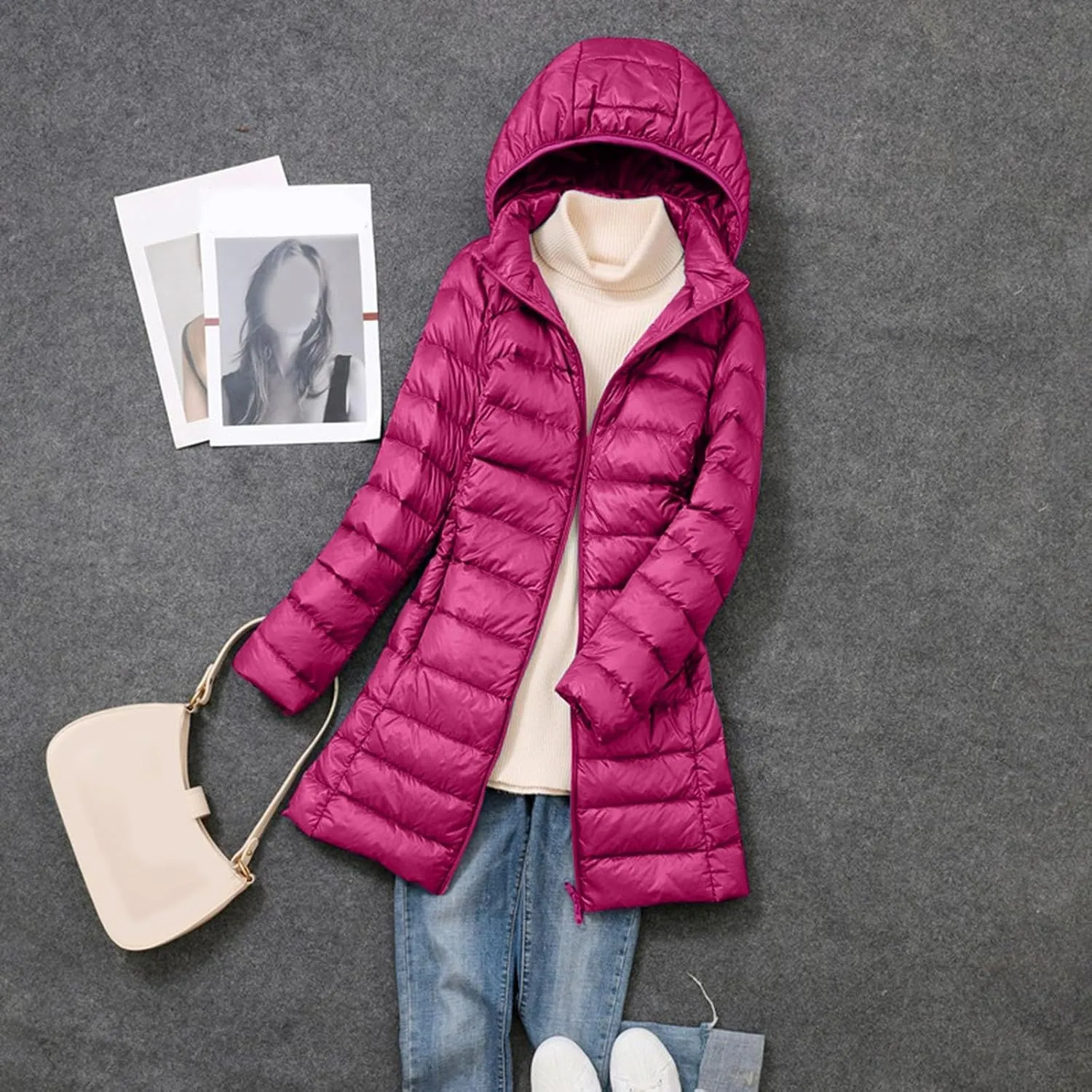 Packable Quilted Jackets for Women Lightweight Long Down Jacket Hoodies Winter Warm Quilted Puffer Coat with Pockets
