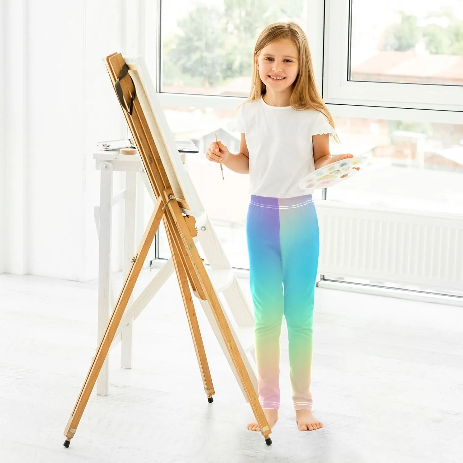 Pastel Rainbow Gradient Little Girls Leggings, Athletic Pants for Girls, Girls Stretch Pants Yoga Pants Girls 4T-10T