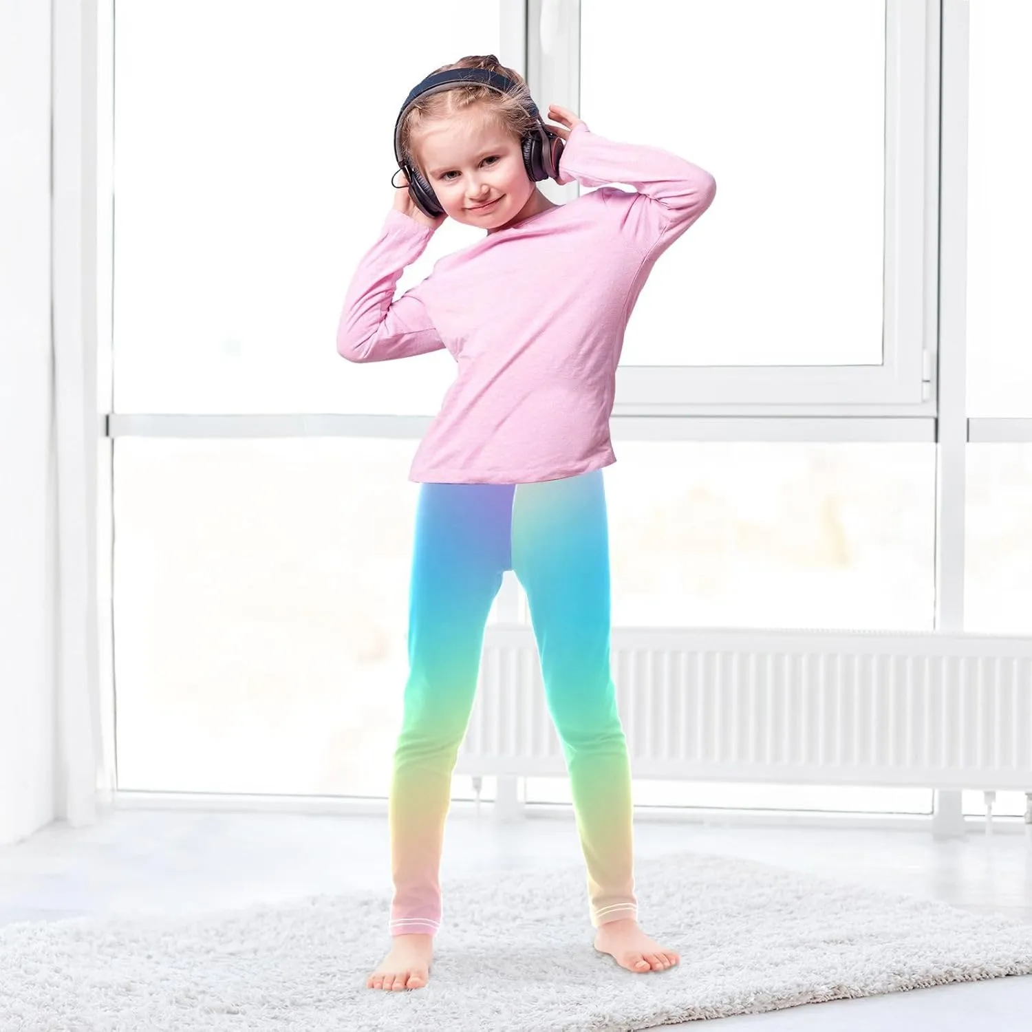 Pastel Rainbow Gradient Little Girls Leggings, Athletic Pants for Girls, Girls Stretch Pants Yoga Pants Girls 4T-10T