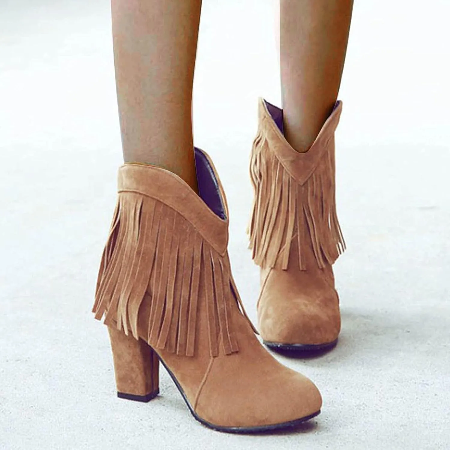peqiut Ankle Boots for Women Fashion Fringe Round Toe Slip On Ankle Boots High Heel Western Casual Boots for Women