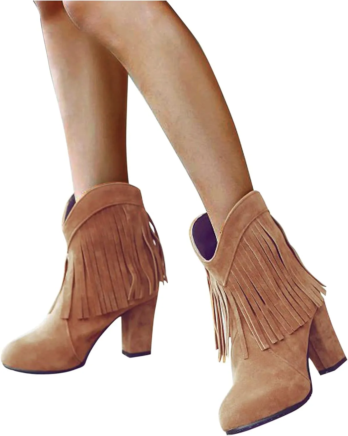 peqiut Ankle Boots for Women Fashion Fringe Round Toe Slip On Ankle Boots High Heel Western Casual Boots for Women